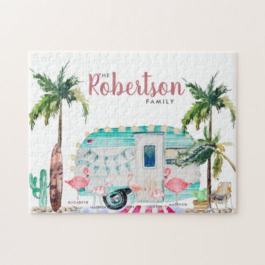 Familienaam | Gepersonaliseerde Flamingo Family Legpuzzel (Horizontaal)