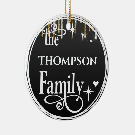 Familienaam Gold Glitter Drift Black Kerstmis Keramisch Ornament (Rechts)