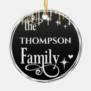 Familienaam Gold Glitter Drift Black Kerstmis Keramisch Ornament
