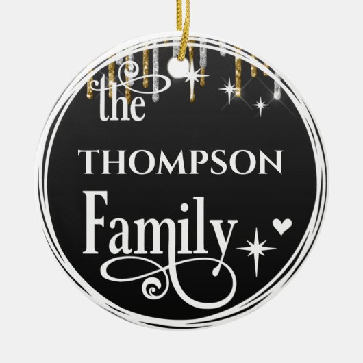 Familienaam Gold Glitter Drift Black Kerstmis Keramisch Ornament (Voorkant)