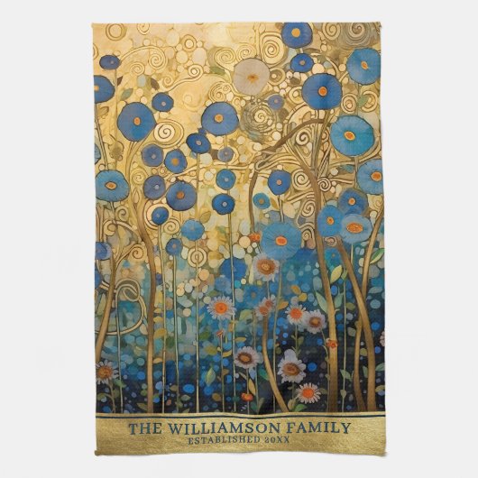 Familienaam Goud Bloemen Klimt Stijl Kunst Theedoek (Verticaal)