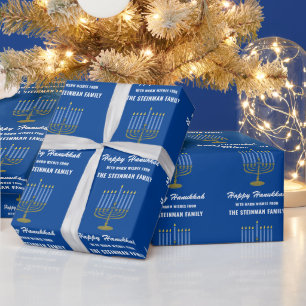 Familienaam Happy Hanukkah Menorah Wit Blauw Goud Cadeaupapier