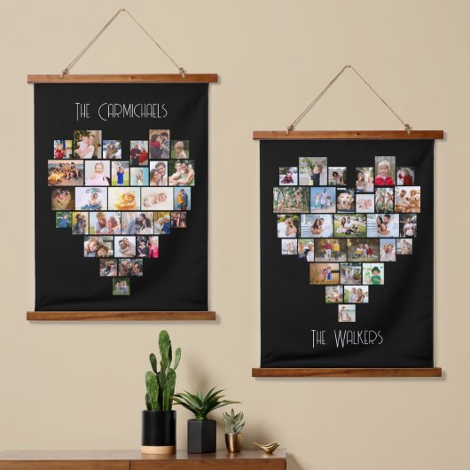 Familienaam Heart Shape Foto Collage 58 Pic Black Hangend Wandkleed (Asymmetrisch)