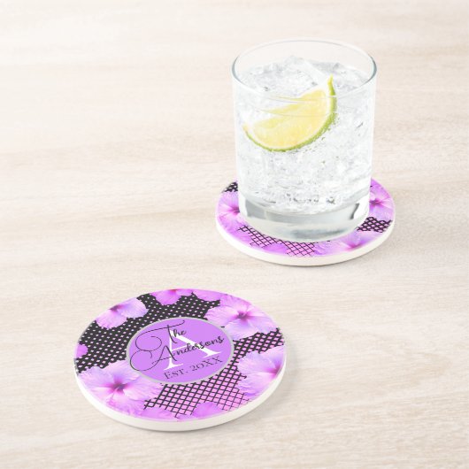 Familienaam Hot Pink Hibiscus Zandsteen Onderzetter (Zijkant)