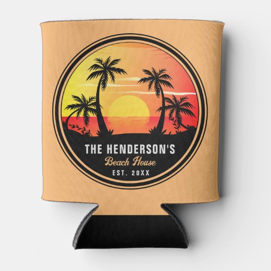 Familienaam Huis Strand Retro Zonsondergang Souven Blikjeskoeler (Voorkant)