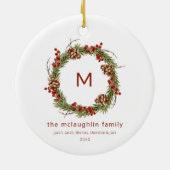 Familienaam Initiaal Christmas Greenery Keramisch Ornament (Achterkant)