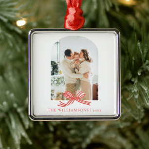 Familienaam Jaar Rode Boog Boog Foto Kerstmis Metalen Ornament