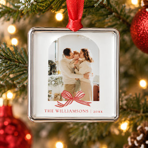 Familienaam Jaar Rode Boog Boog Foto Kerstmis Metalen Ornament