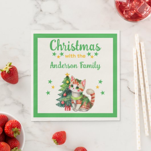 Familienaam kattenboom groen geel Kerstmis Servet (Insitu)
