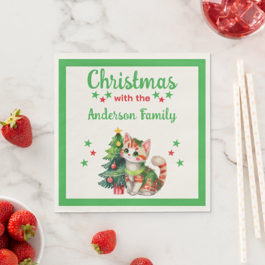 Familienaam kattenboom groen rood Kerstmis Servet (Insitu)