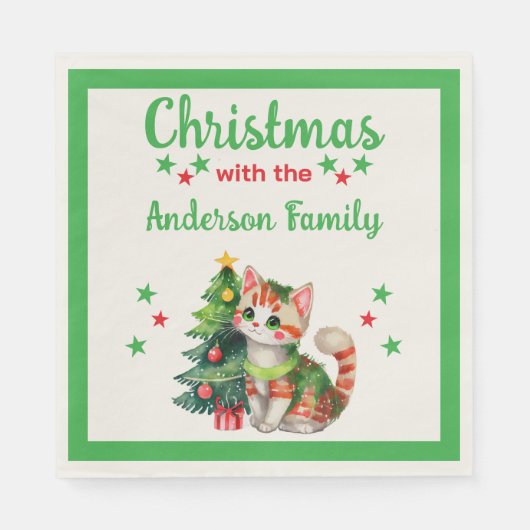 Familienaam kattenboom groen rood Kerstmis Servet (Voorkant)