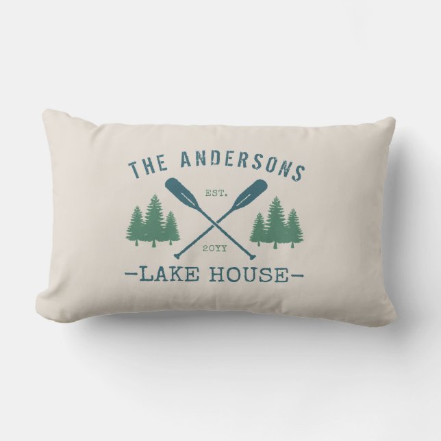 Familienaam Lake House Oars Pine Trees Outdoor Buitenkussen (Voorkant)