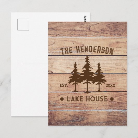 Familienaam Lake House Pine Tree hout gepersonalis Briefkaart (Voorkant / Achterkant)