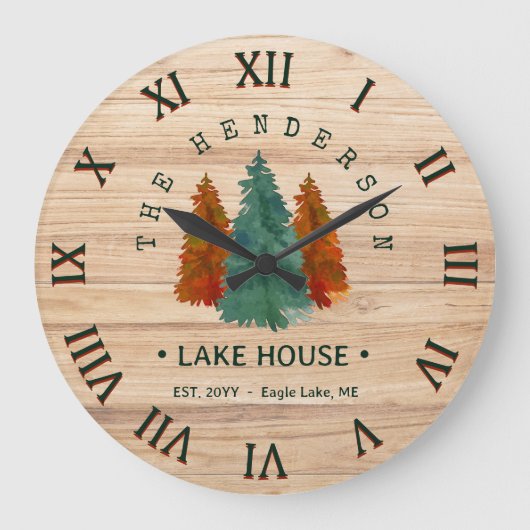 Familienaam Lake House Pine Tree hout gepersonalis Grote Klok (Voorkant)