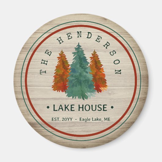 Familienaam Lake House Pine Tree hout gepersonalis Magneet (Voorkant)