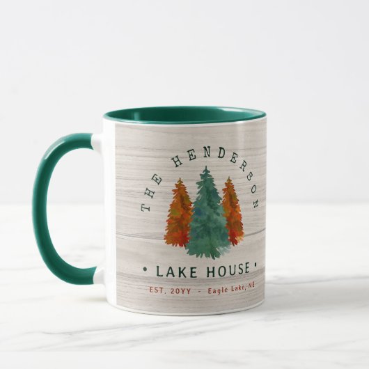 Familienaam Lake House Pine Tree hout gepersonalis Mok (Links)
