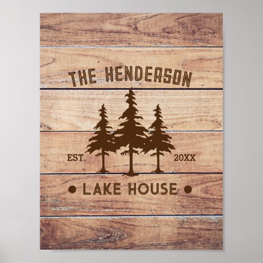 Familienaam Lake House Pine Tree hout gepersonalis Poster (Voorkant)
