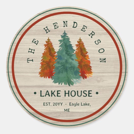 Familienaam Lake House Pine Tree hout gepersonalis Ronde Sticker (Voorkant)