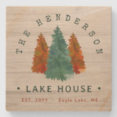 Familienaam Lake House Pine Tree hout gepersonalis Stenen Onderzetter (Voorkant)