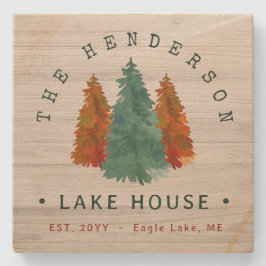 Familienaam Lake House Pine Tree hout gepersonalis Stenen Onderzetter