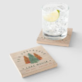 Familienaam Lake House Pine Tree hout gepersonalis Stenen Onderzetter (Zijkant)