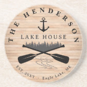 Familienaam Lake House Pine Tree hout gepersonalis Zandsteen Onderzetter (Voorkant)