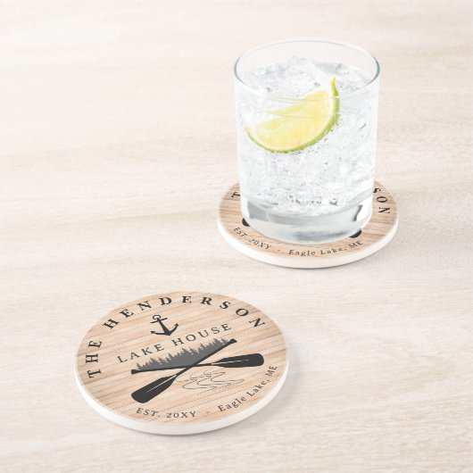 Familienaam Lake House Pine Tree hout gepersonalis Zandsteen Onderzetter (Zijkant)