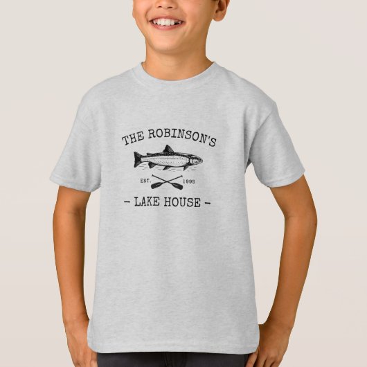 Familienaam Lake House Rustic Fish Oars Gray T-shirt (Voorkant)