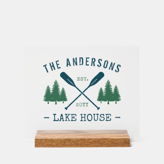 Familienaam Lake House Rustic Oars Pine Trees Acryl Bord (Voorkant)