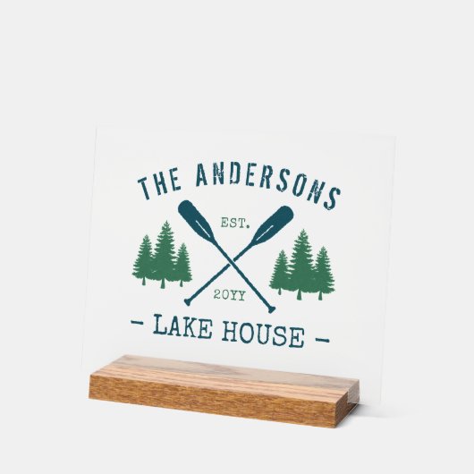 Familienaam Lake House Rustic Oars Pine Trees Acryl Bord (Hoek)