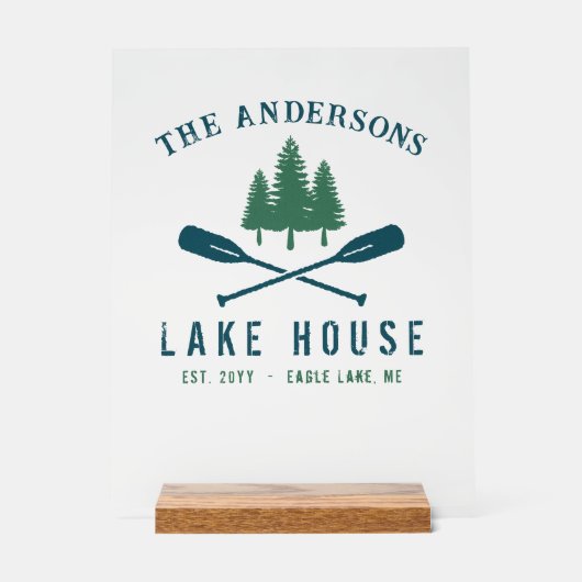 Familienaam Lake House Rustic Oars Pine Trees Acryl Bord (Voorkant)
