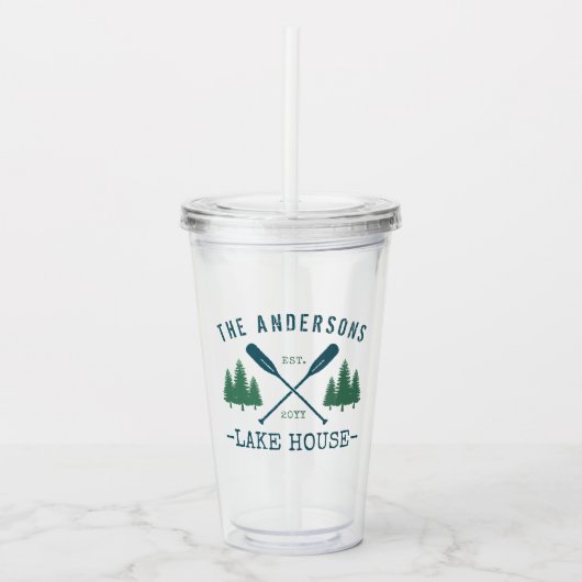 Familienaam Lake House Rustic Oars Pine Trees Acryl Drinkbeker (Voorkant)