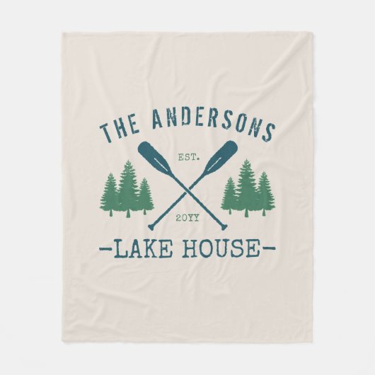 Familienaam Lake House Rustic Oars Pine Trees Fleece Deken (Voorkant)