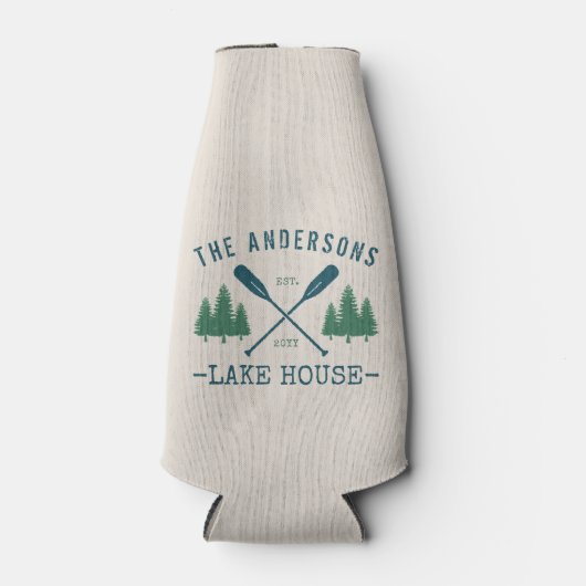 Familienaam Lake House Rustic Oars Pine Trees Flesjeskoeler (Voorkant)
