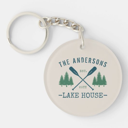 Familienaam Lake House Rustic Oars Pine Trees Sleutelhanger (Voorkant)