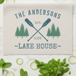 Familienaam Lake House Rustic Oars Pine Trees Theedoek