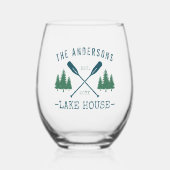 Familienaam Lake House Rustic Oars Pine Trees Wijnglas Zonder Voet (Voorkant)