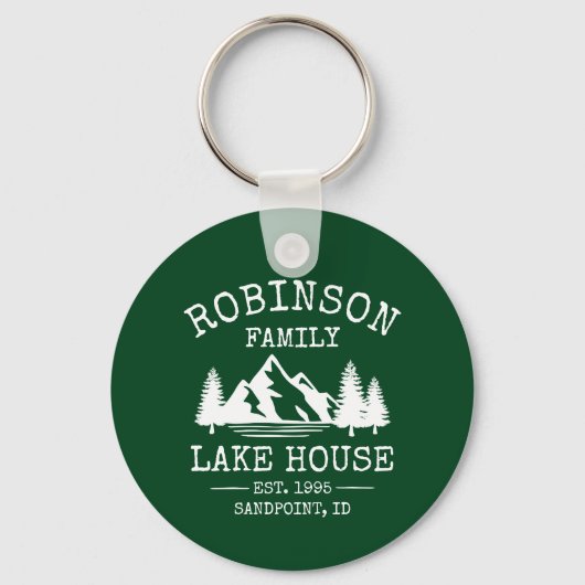 Familienaam Lake House Trees Forest Green Round Sleutelhanger (Voorkant)