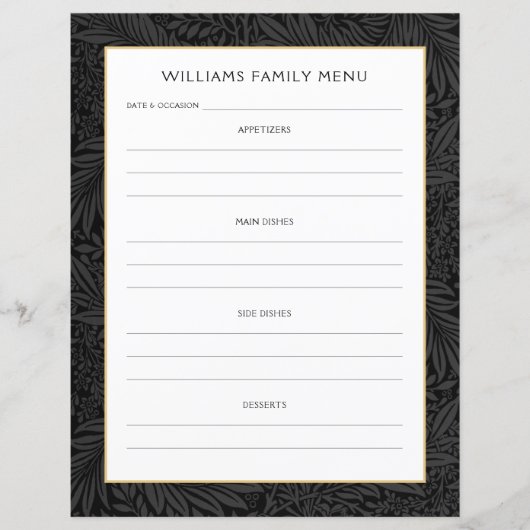 Familienaam Menu Planner | Vintage Zwart Bloemmoti (Voorkant)