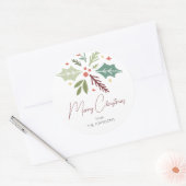 Familienaam Merry kerstary Berry Foliage Script Ronde Sticker (Envelop)