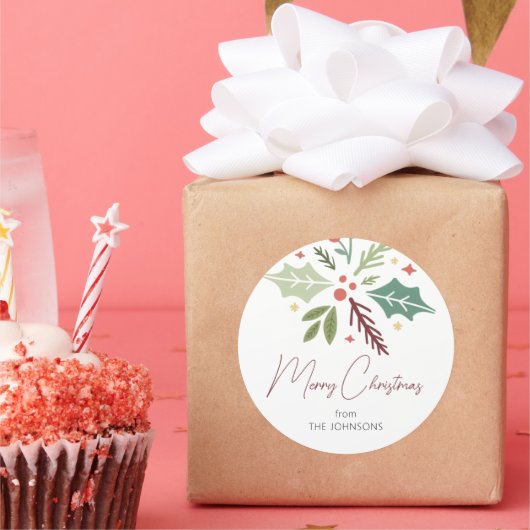 Familienaam Merry kerstary Berry Foliage Script Ronde Sticker (Feest)