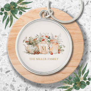 Familienaam met monogram en bos bloemen botanisch sleutelhanger