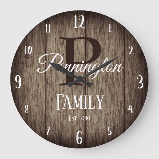 Familienaam met Monogram Rustic Wood Texture Grote Klok (Voorkant)