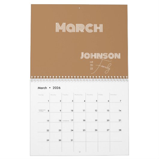 Familienaam Minimalistische typografie Kalender (Mar 2026)