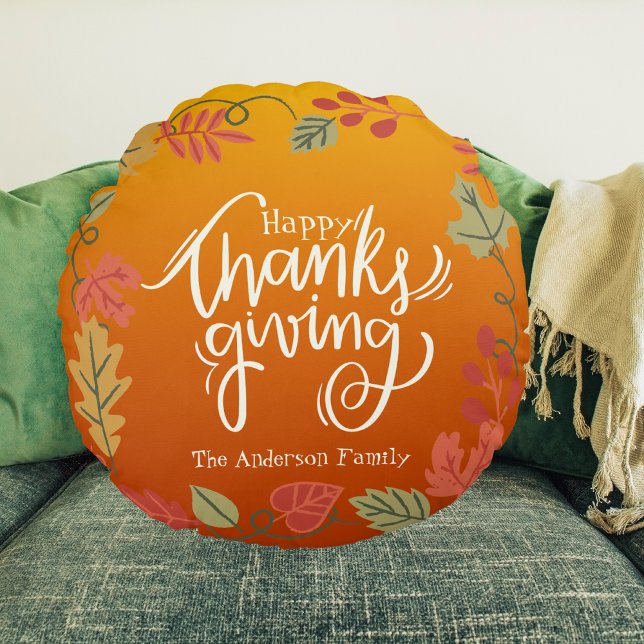 Familienaam Modern Autumn Herfst Happy Thanksgivin Rond Kussen (Creator heeft geüpload)