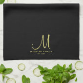 Familienaam Modern Elegant Goud Monogram Zwart Theedoek (Gevouwen)