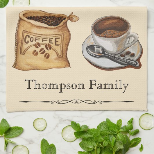 Familienaam Moderne rustieke waterverf Koffieliefh Theedoek (Gevouwen)
