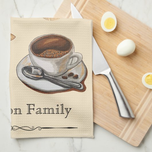 Familienaam Moderne rustieke waterverf Koffieliefh Theedoek (Quarter Fold)