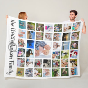 Familienaam Monogram 39 Photo Collage Script White Fleece Deken