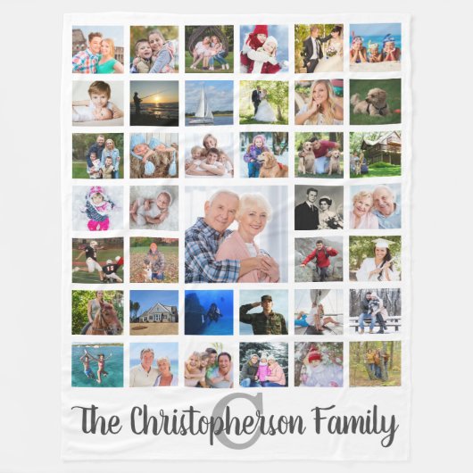 Familienaam Monogram 39 Photo Collage Script White Fleece Deken (Voorkant)